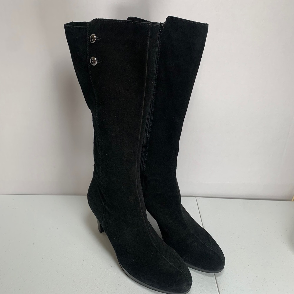 La Canadienne Otis Black Suede Cone Heel Boots Waterproof Size 10  #26660